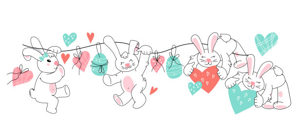 可爱的复活节兔子用旗帜和鸡蛋做节日花环。弹簧设计. .图片下载