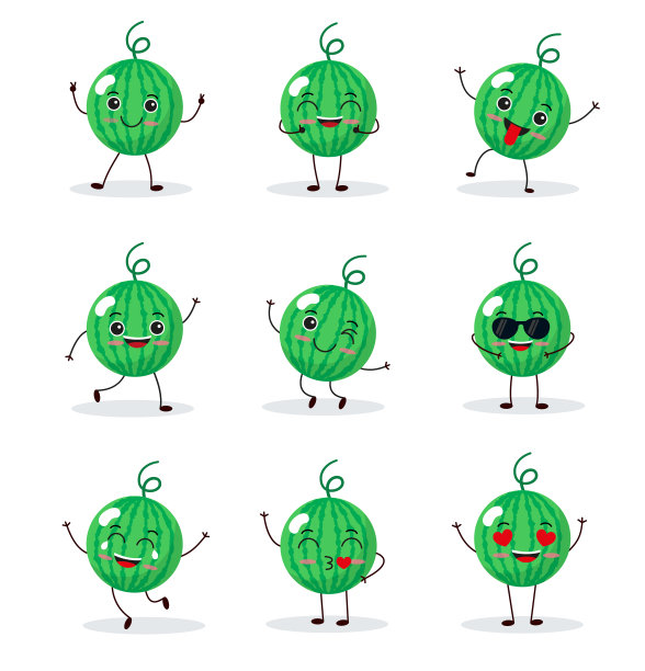 西瓜卡通人物孤立在白色背景上。健康食品有趣的吉祥物矢量插图平面设计。图片下载