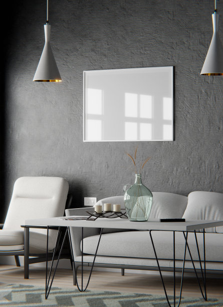 白墙上的空白相框模型。室内设计中的艺术品。三维渲染图片下载