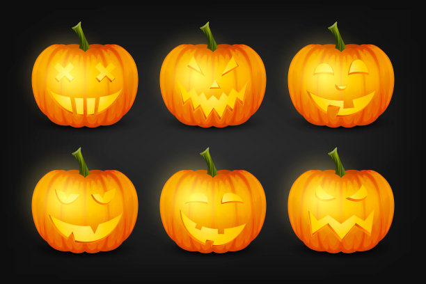 矢量光面卡通万圣节南瓜灯与有趣的脸图标集。前视图。设计模板的真实南瓜杰克O灯。秋季假期，万圣节的概念图片下载