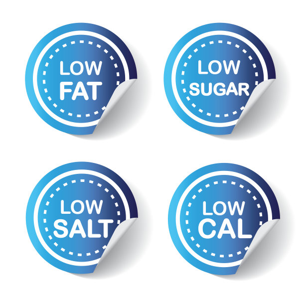 标签低脂肪，糖，盐，cal - vector，图标。图片下载