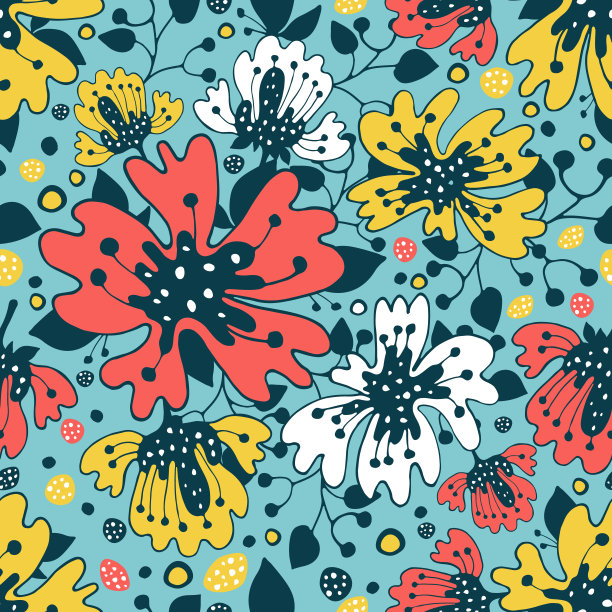 简单的无缝花图案。收集罂粟花，明亮的大花序，小枝上有红色的叶，坚硬的花。植物可印刷纹理拼贴图片下载