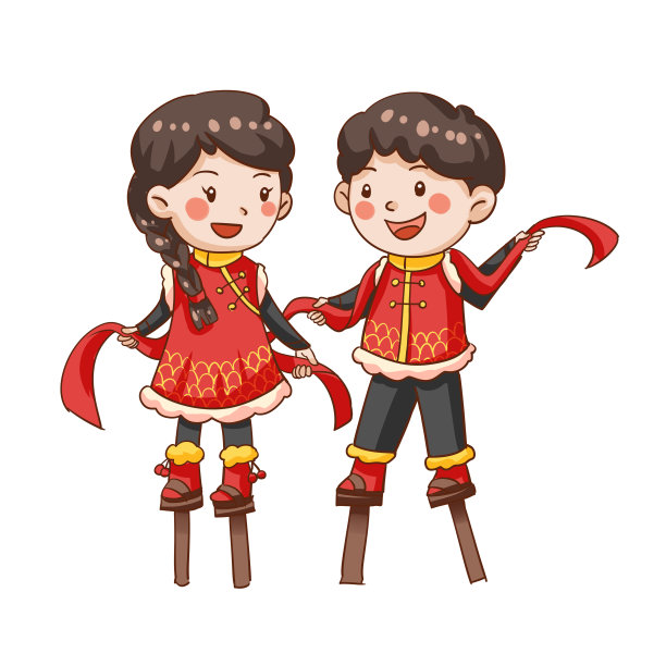 红色小年女孩男孩丝带踩高跷插画图片下载