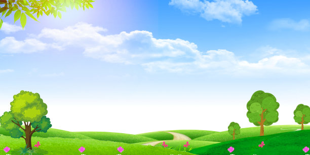 卡通手绘大树草地蓝天背景图图片下载