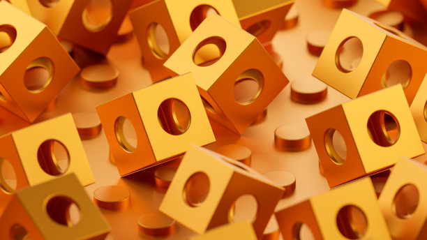 有孔的橙色立方体会旋转和移动。3 d渲染插图。图片下载