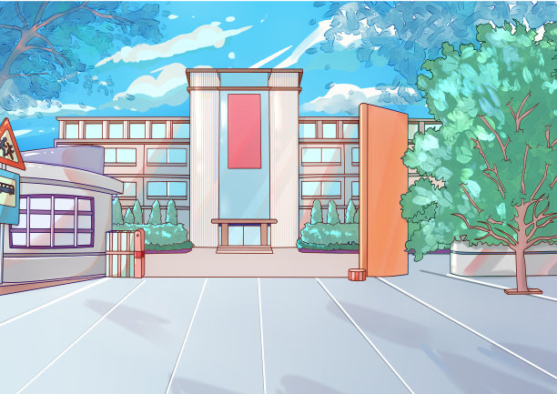 卡通手绘学校建筑大树背景图图片下载