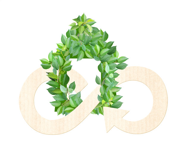 环保家居理念。由绿色树叶和纸纹理的循环经济图标组成的生态住宅图片下载