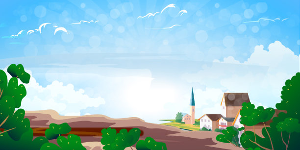 卡通手绘田园植物蓝天背景图图片下载