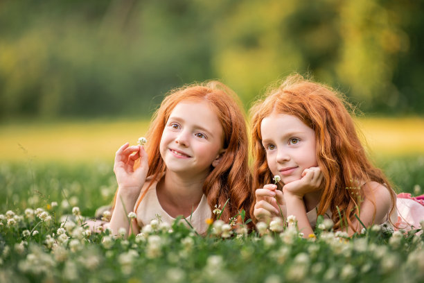 两个红头发的快乐女孩躺在白色的三叶草花之间的肖像图片下载