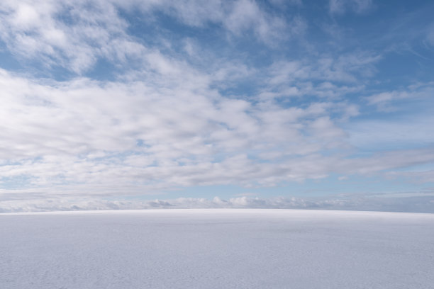田野上白雪皑皑，一直延伸到地平线上，天空阴云密布，美丽无比。图片下载