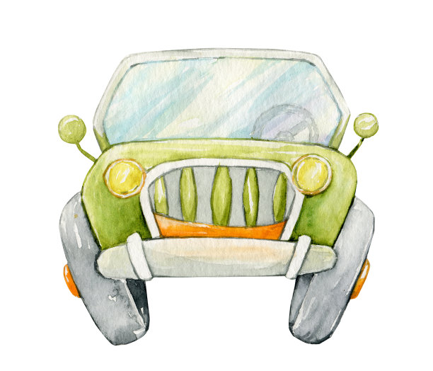 SUV,前视图。水彩插图，在一个孤立的背景。汽车，绿色，卡通风格。图片下载