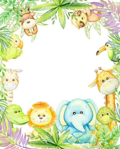 大象，长颈鹿，狮子，猴子，鳄鱼，鹦鹉，猴子，乌龟，树懒。水彩，热带动物，卡通风格。孩子们的邀请卡，在一个孤立的背景下。图片下载