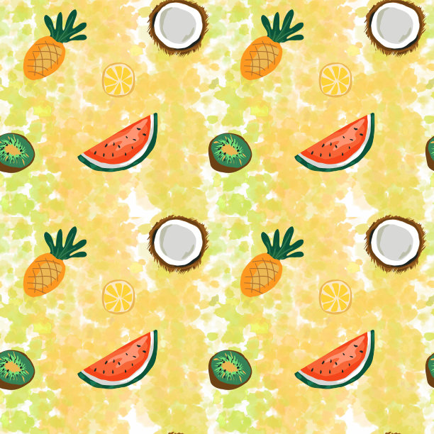 无缝图案，热带水果，柠檬，菠萝，猕猴桃，西瓜和椰子，明亮的水果夏季背景，手绘图片下载