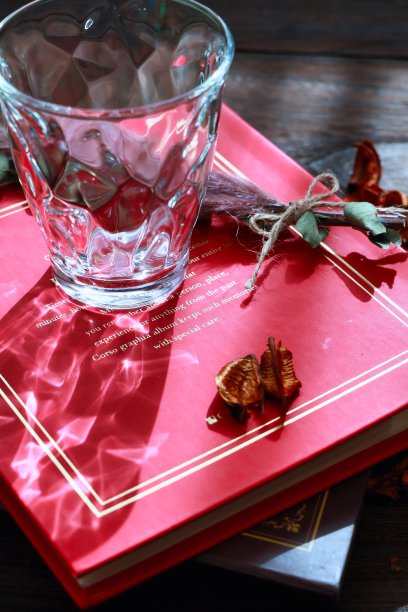 美丽的红色相册，玻璃的阴影和干花图片下载