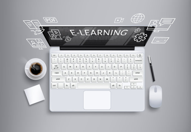 E-learning矢量概念设计。电子学习文本与笔记本学习设备和教育图标的家庭学校教育研究。图片下载