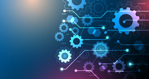 矢量插图齿轮电路板背景。未来数字技术与工程，数字电信技术的概念。抽象未来主义在深蓝色背景EP.5图片下载