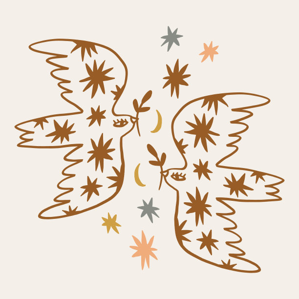 和平鸽鸽鸟波西米亚手绘风格矢量插图艺术图片下载