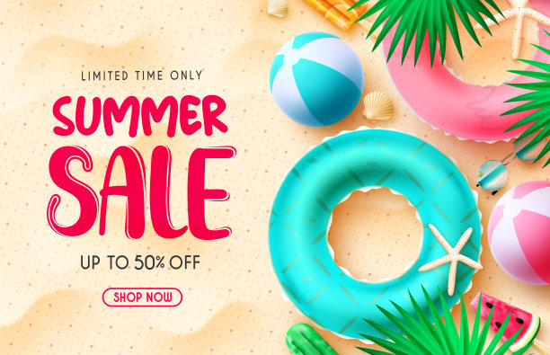 夏季销售矢量横幅设计。夏季促销文本在沙滩沙滩背景与限时折扣提供季节性促销广告。图片下载