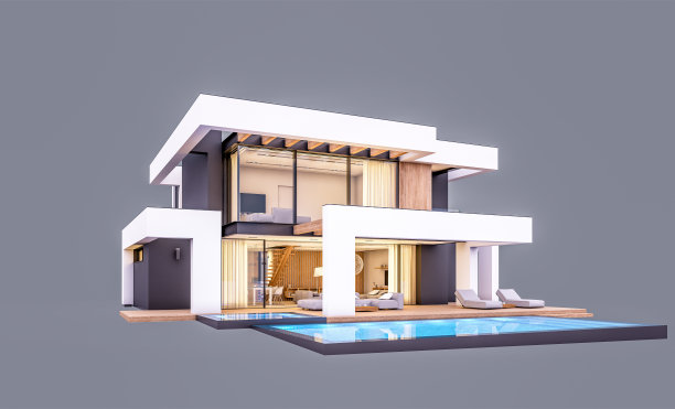 现代住宅的三维渲染，豪华的风格在晚上孤立在灰色上图片下载