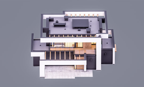 现代住宅的三维渲染，豪华的风格在晚上孤立在灰色上图片下载