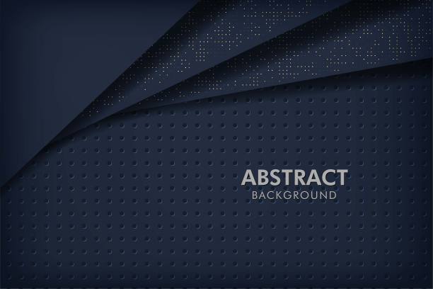 黑色抽象背景深蓝色与黑色重叠层。圆形纹理与白色和金色的闪光点元素装饰。图片下载