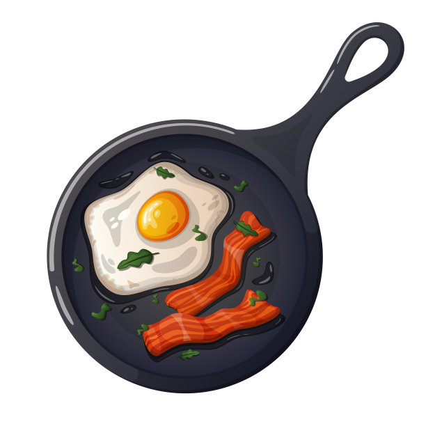 卡通培根和煎锅里的煎蛋。图片下载