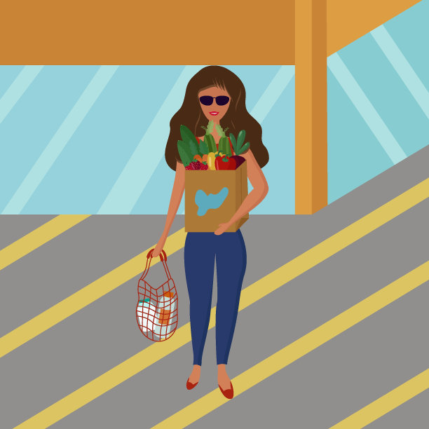 一个漂亮的女孩带着食物从超市出来。图片下载