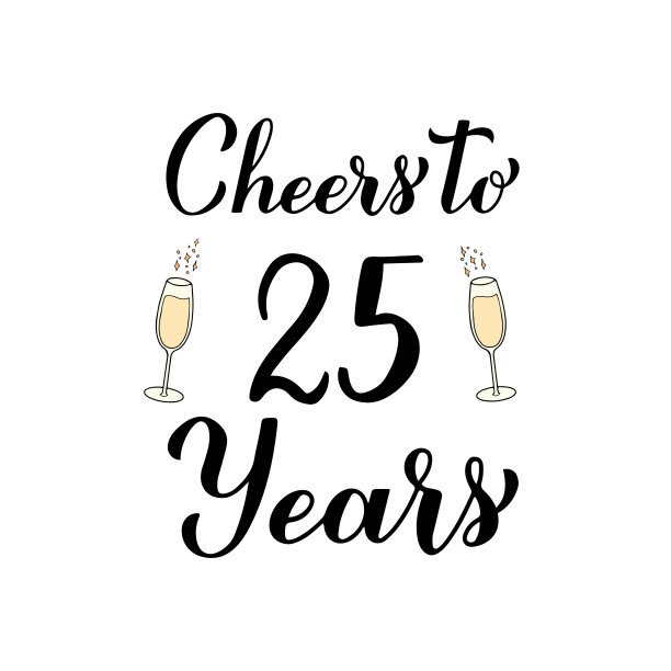 用香槟酒举杯，为25年的书法笔迹干杯。25岁生日或周年庆海报。矢量模板贺卡，横幅，邀请，海报，贴纸等图片下载