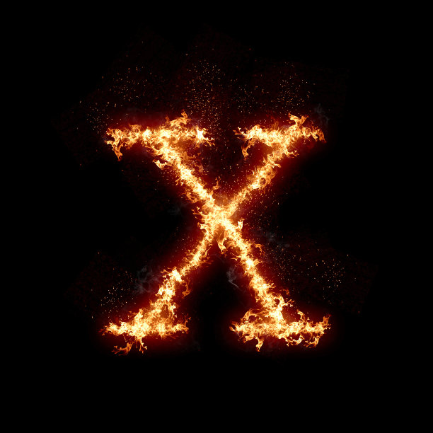 字母x燃烧在火，数字艺术孤立在黑色背景，一个字母从字母表集图片下载