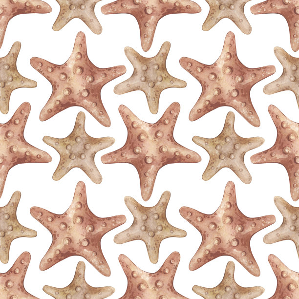 水彩无缝图案与复古红色海星孤立在白色背景。海洋集合。图片下载