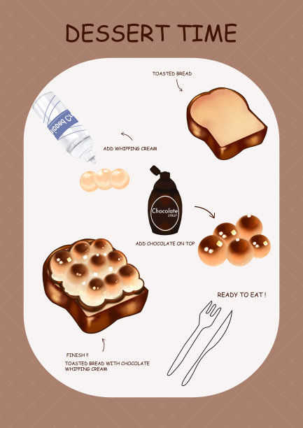 水彩自制巧克力生奶油与烤面包食谱菜单矢量设计图片下载