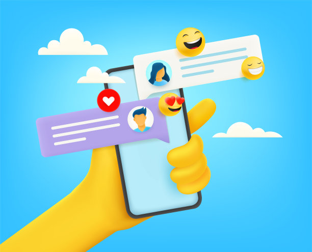 手持现代智能手机与信使应用程序。漫画3d风格矢量插图图片下载