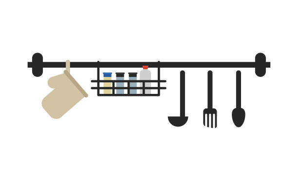 厨房墙上的勺架和器皿。图片下载