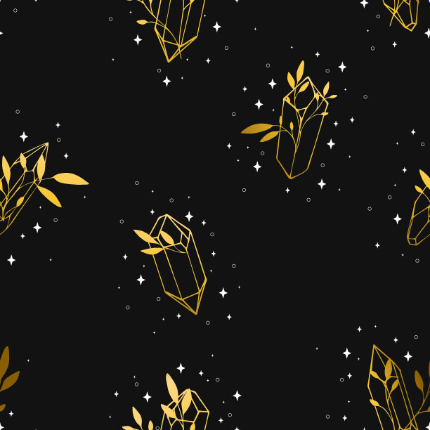 美丽的无缝图案与魔术金晶体与轮廓，矢量插图。图片下载