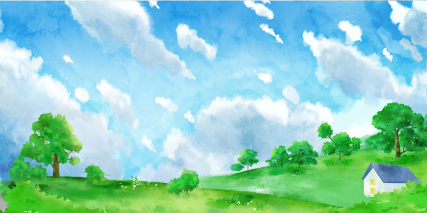 卡通手绘草地蓝天背景图图片下载