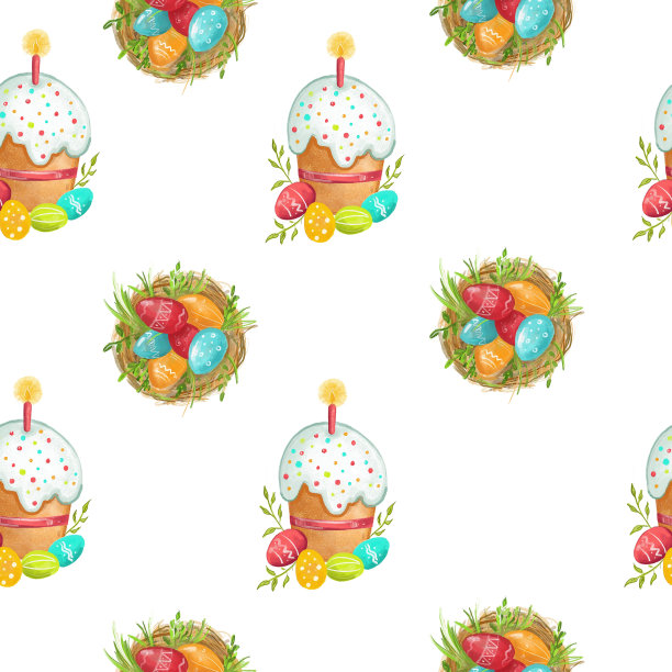 无缝图案的复活节蛋糕，和复活节五彩彩蛋在一个巢图片下载