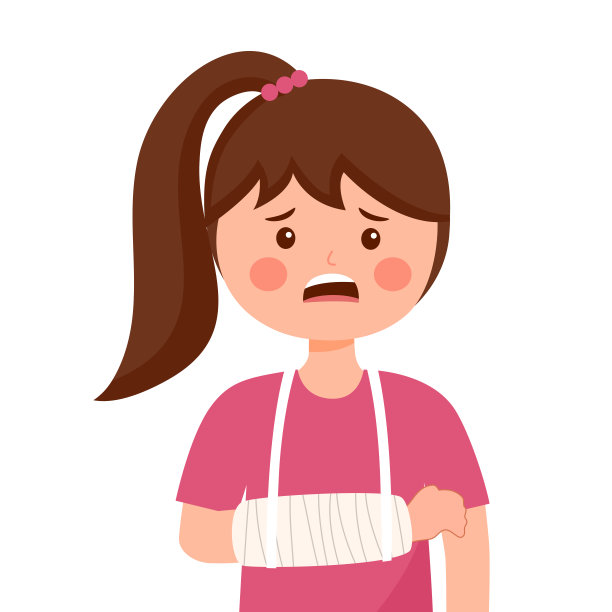 女孩与骨折的手臂在平面设计在白色背景上。手臂缠绷带的受伤儿童。图片下载