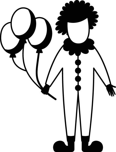 卷头发小丑站矢量图标设计，马戏团角色符号，嘉年华表演者标志，节日剧团股票插图，小丑与气球概念，图片下载