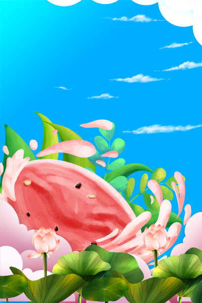 卡通手绘夏日荷花西瓜植物背景图图片下载