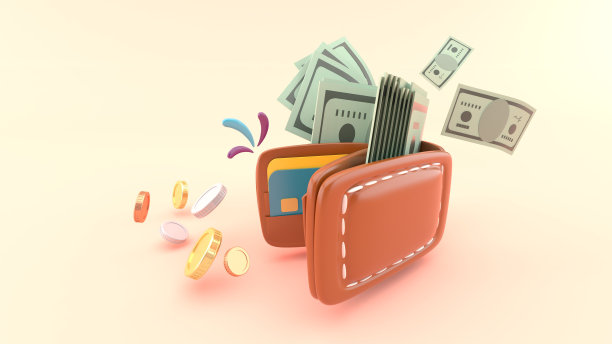 钱包打开了，因为里面有很多钱。周围都是粉色背景的硬币。软流行插图风格为商业和金融。三维渲染图片下载