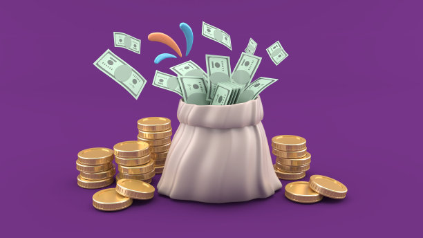 一个装满金币的钱袋被打开了，紫色的底色飘浮着钞票。软流行插图风格为商业和金融。3 d渲染。图片下载
