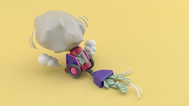 吸尘器吸了很多钞票，直到袋子被倒在粉红色的背景上。插图风格流行极简主义。3 d渲染。图片下载
