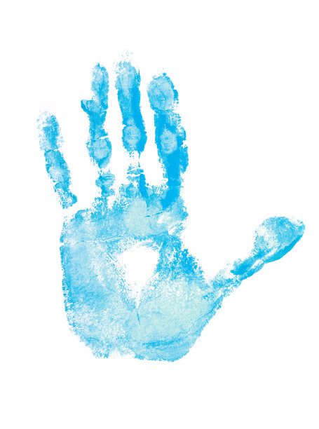 手掌印孤立在白色背景上。蓝色的油漆图片下载