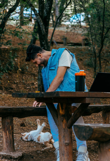 一个年轻的自由职业者和一只小猫在一起图片下载