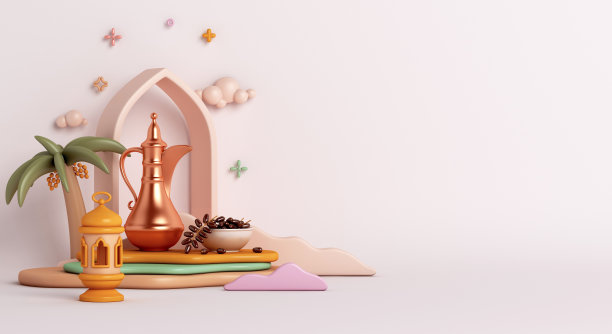 伊斯兰装饰背景与茶壶，枣果，窗户，灯笼卡通风格，斋月kareem, mawlid，开斋饭，开斋节，穆哈兰，拷贝空间，3D插图。图片下载