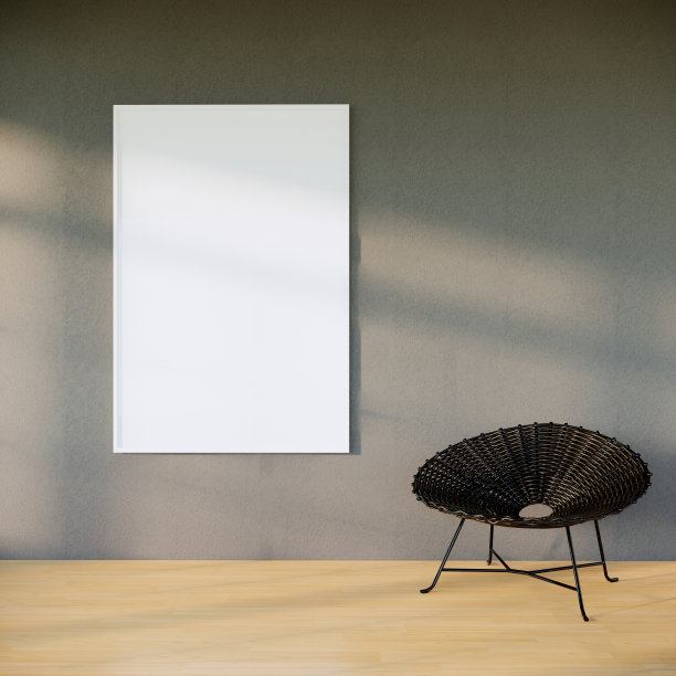 垂直画框模拟现代室内黑色椅子，木地板和灰色墙壁，3d渲染图片下载