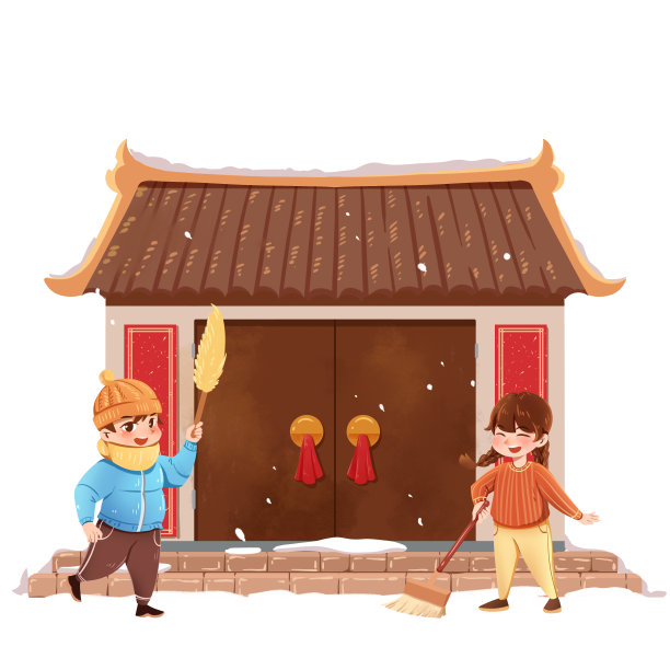 小年男孩女孩打扫院子素材图片下载