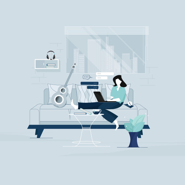 年轻女子在家里工作，年轻女子坐在沙发上使用笔记本电脑。自由职业，自我雇佣，自由，在客厅，在家工作的概念图片下载