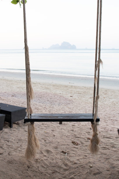 在沙滩上的树下摇摆椅子图片下载