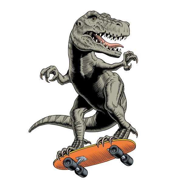 恐龙骑在滑板上。漫画书风格矢量插图。图片下载